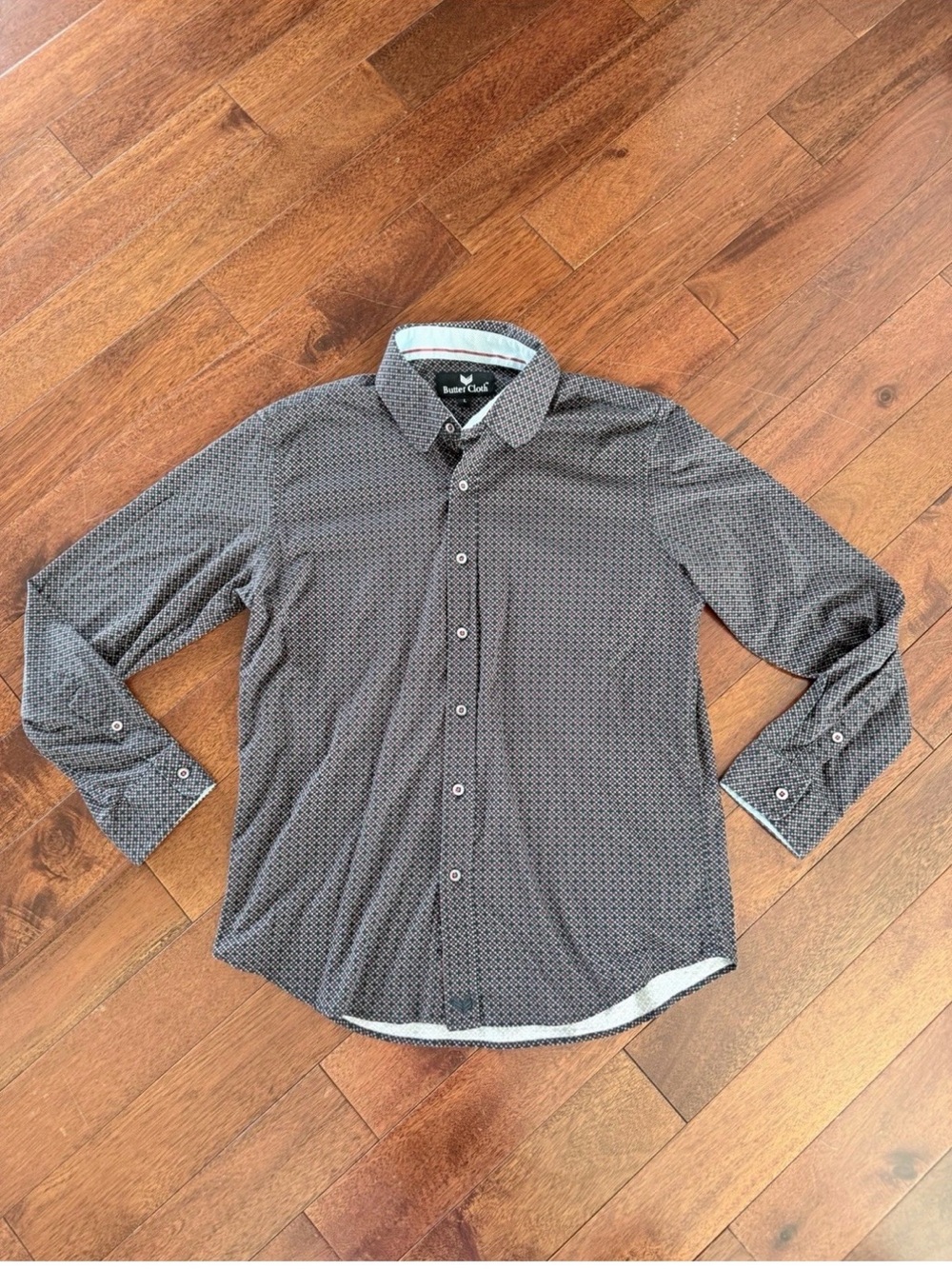 BUTTER CLOTH Black Geometric Print Button-Down Shirt Mens Large red black